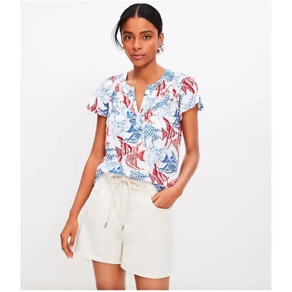 LOFT Size Small KOI Goldfish Blue White Red Rayon Shirt V-Neck - Picture 1 of 6